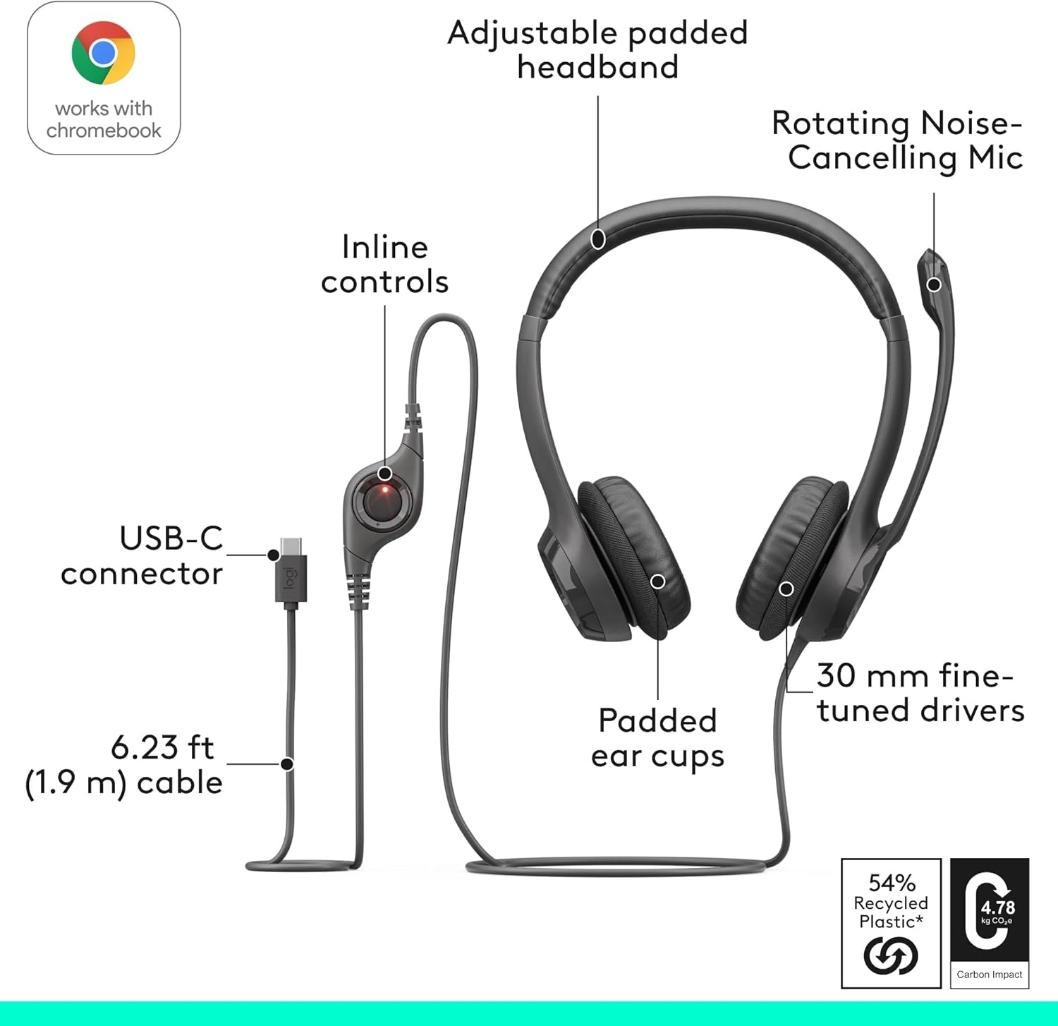 image:imageLogitech H390 Wired Headset PCLaptop Stereo Headphones USBA BlackGraphite