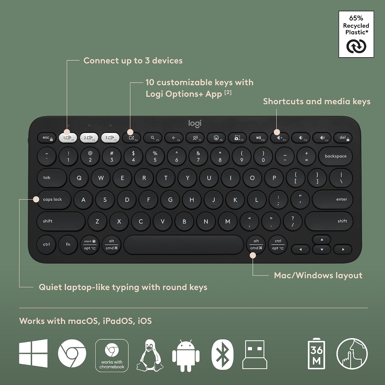 image:imageLogitech Pebble Keys 2 K380s Wireless Bluetooth Keyboard Tonal WhiteBlack