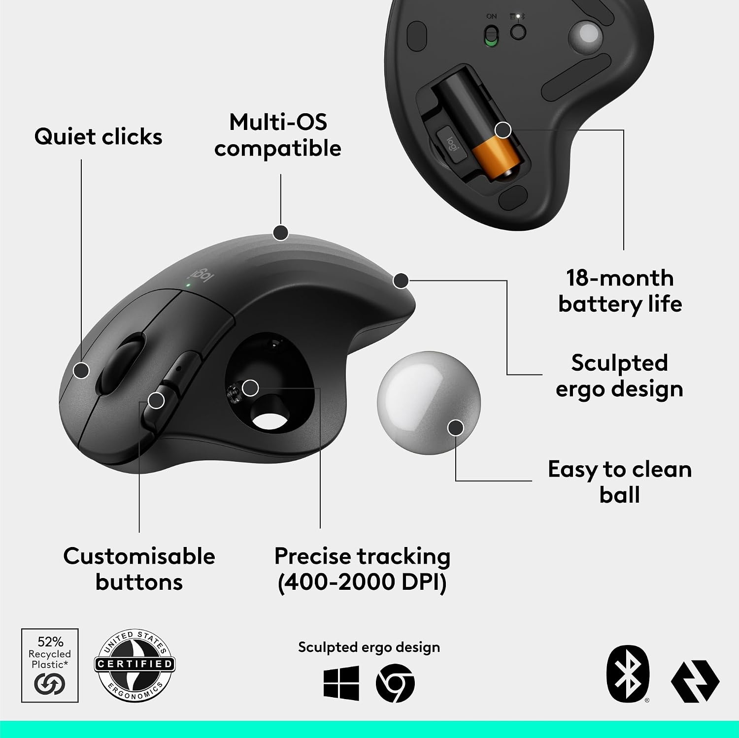 image:imageLogitech Ergo M575S Wireless Trackball Mouse OffWhite Silver BallBlack Silver Ball