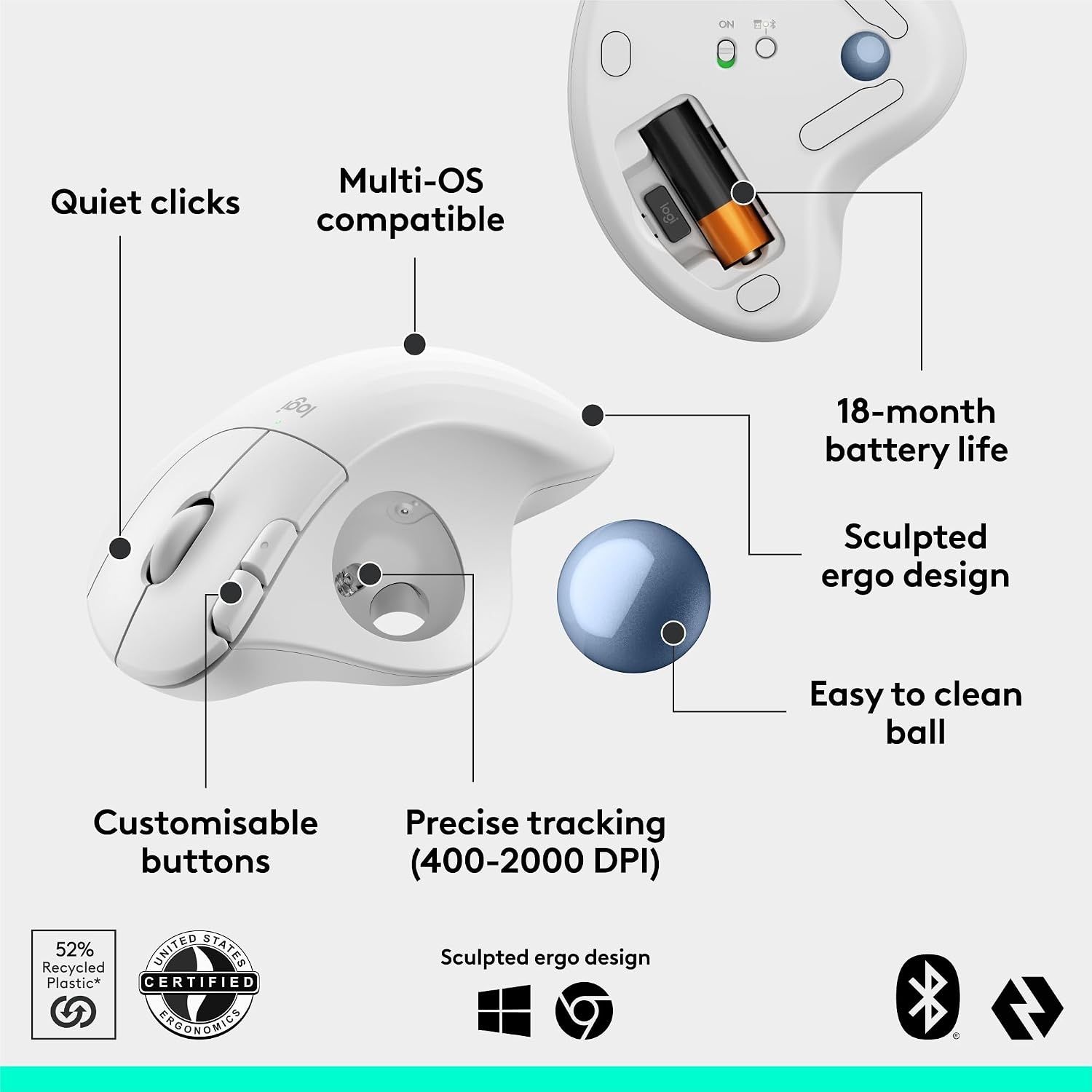 image:imageLogitech Ergo M575S Wireless Trackball Mouse OffWhite Silver BallWhite Blue Ball