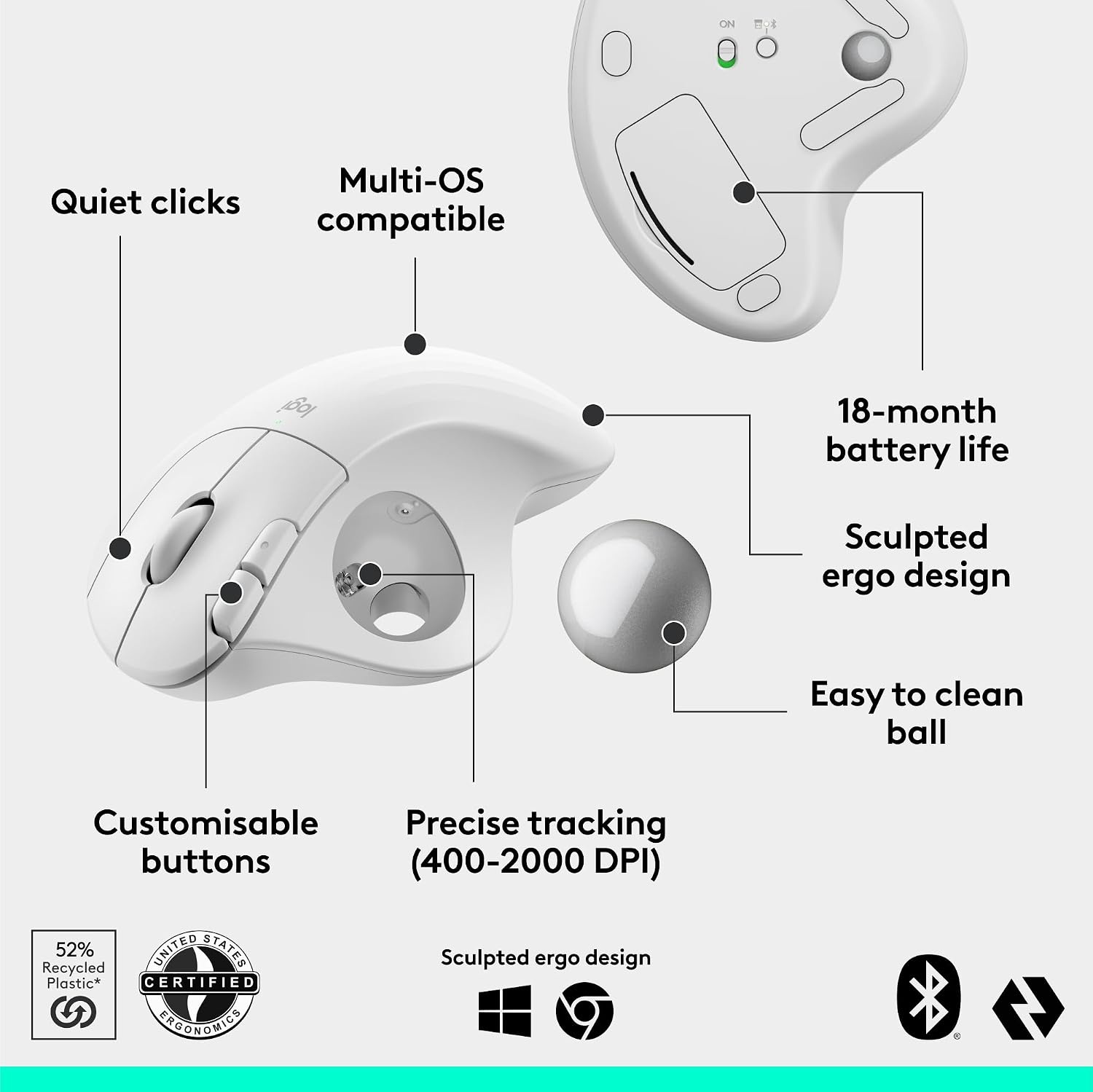 image:imageLogitech Ergo M575S Wireless Trackball Mouse OffWhite Silver BallWhite Silver Ball Pack of 10
