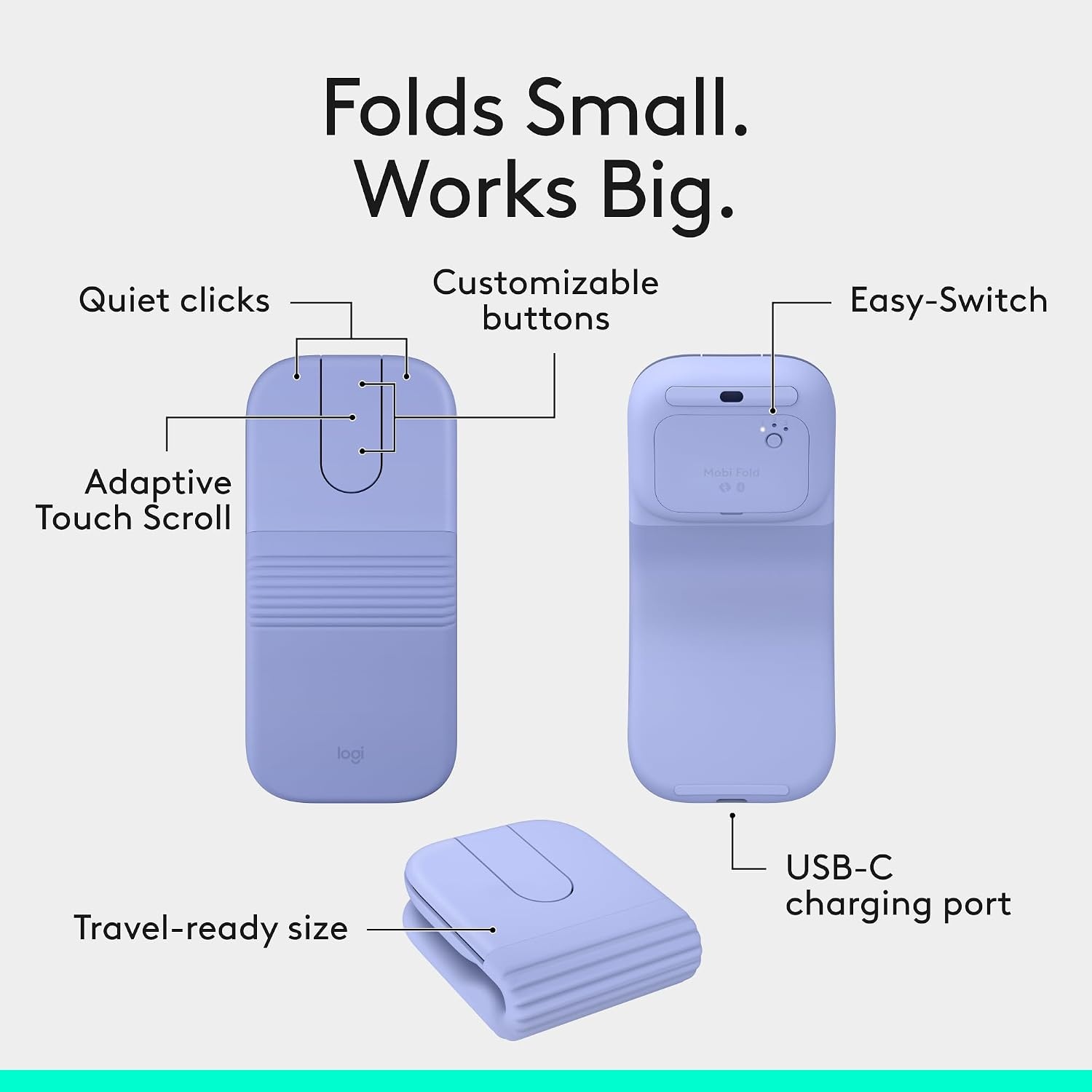 Clictek Logitech Mobi Fold Foldable Wireless Mouse with Quiet Click, Lilac ...
